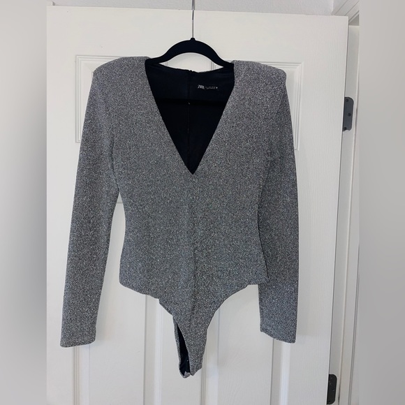 Zara Tops Zara Shimmer Shoulder Pad Body Suit Poshmark